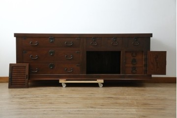 和製アンティーク　天板欅(ケヤキ)材　一枚板の風合い豊かな時代箪笥ローボード　(R-085333)