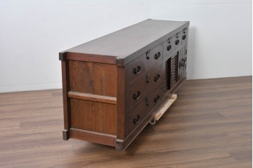 和製アンティーク　天板欅(ケヤキ)材　一枚板の風合い豊かな時代箪笥ローボード　(R-085333)