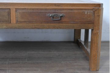 和製ヴィンテージ　良品!!　楢(ナラ)材　端正な框組み天板のレトロな文机　(R-085336)