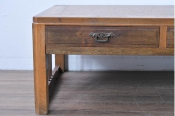 和製ヴィンテージ　良品!!　楢(ナラ)材　端正な框組み天板のレトロな文机　(R-085336)