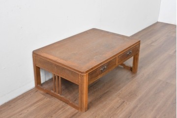 和製ヴィンテージ　良品!!　楢(ナラ)材　端正な框組み天板のレトロな文机　(R-085336)
