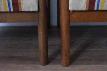 和製ヴィンテージ　ナラ材　カラフルなストライプ柄ファブリックのイージーチェア2脚セット　(R-085337)