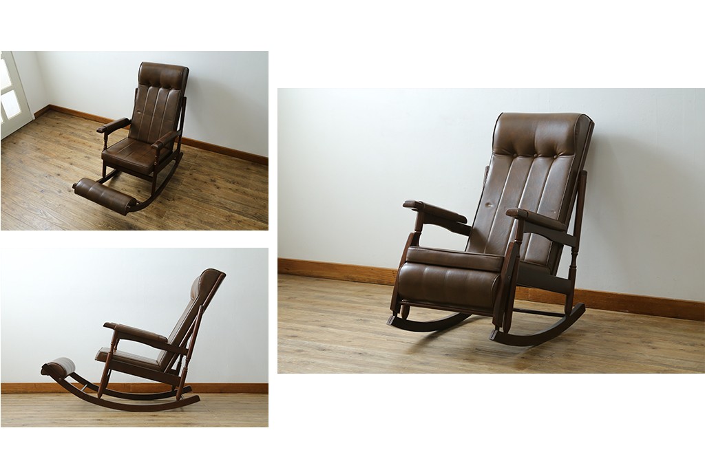 和製ヴィンテージ　東洋ファニチャー(TOYO FURNITURE)　ビニールレザー　折り畳み式フットレストが付いたロッキングチェア　(R-085340)