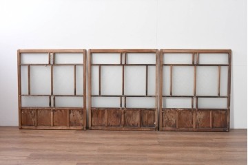 アンティーク建具　大正ロマン　味わい深い古い木味のガラス窓3枚セット　(R-085344)