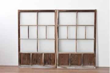 アンティーク建具　素朴な木味が魅力のガラス窓2枚セット　(R-085346)