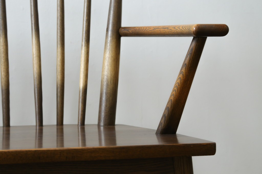 中古　美品　希少なナガノインテリア　タモ材　すっきりとしたスポーク背のウィンザーベンチ　(R-085371)