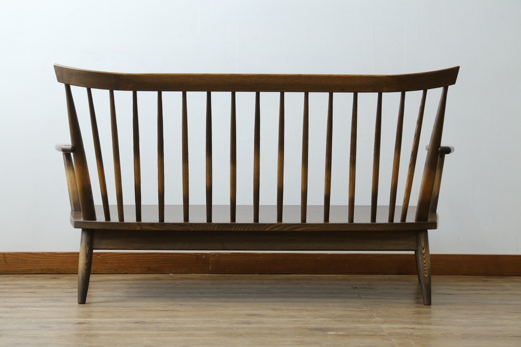 中古　美品　希少なナガノインテリア　タモ材　すっきりとしたスポーク背のウィンザーベンチ　(R-085371)