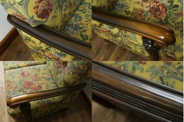 和製ヴィンテージ　三越家具　COUNTRY HOUSE(カントリーハウス)　Brugge(ブルージュ)　アームや脚部の彫刻装飾と鮮やかなファブリックが美しい3人掛けソファ　(R-085407)