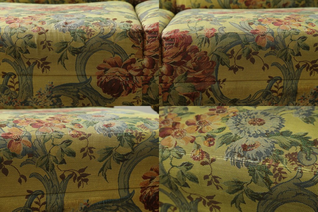 和製ヴィンテージ　三越家具　COUNTRY HOUSE(カントリーハウス)　Brugge(ブルージュ)　アームや脚部の彫刻装飾と鮮やかなファブリックが美しい3人掛けソファ　(R-085407)
