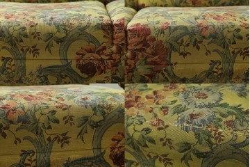 和製ヴィンテージ　三越家具　COUNTRY HOUSE(カントリーハウス)　Brugge(ブルージュ)　アームや脚部の彫刻装飾と鮮やかなファブリックが美しい3人掛けソファ　(R-085407)