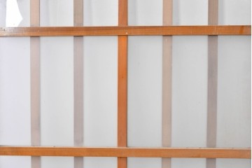 ヴィンテージ建具　縦桟の意匠が素朴なガラス入り玄関戸2枚セット　(R-085413)