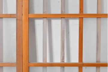 ヴィンテージ建具　縦桟の意匠が素朴なガラス入り玄関戸2枚セット　(R-085413)