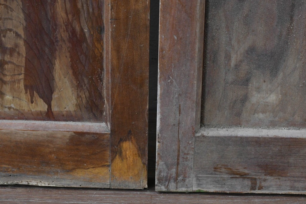 ヴィンテージ建具　縦桟の意匠が素朴なガラス入り玄関戸2枚セット　(R-085413)