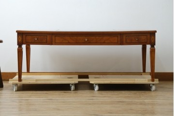 中古　イタリア製　引き出し式コレクションケース付きの象嵌入りローテーブル　(R-085476)