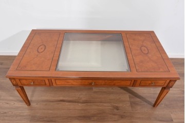 中古　イタリア製　引き出し式コレクションケース付きの象嵌入りローテーブル　(R-085476)