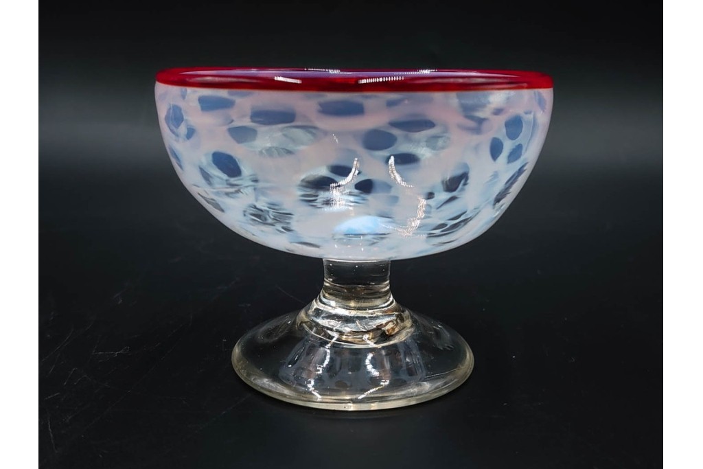 アンティーク　大正～昭和初期の当時物　碗型　乳白水玉に赤縁が可愛らしい氷コップ2客セット　(R-085525)