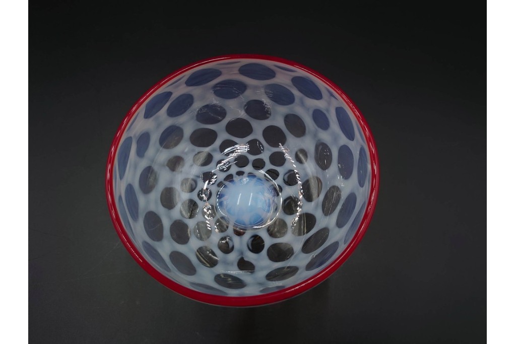 アンティーク　大正～昭和初期の当時物　碗型　乳白水玉に赤縁が可愛らしい氷コップ2客セット　(R-085525)