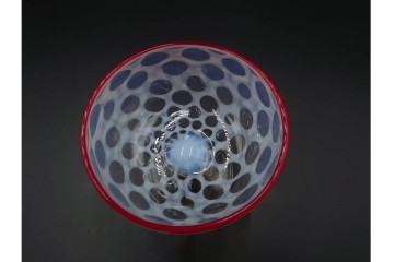 アンティーク　大正～昭和初期の当時物　碗型　乳白水玉に赤縁が可愛らしい氷コップ2客セット　(R-085525)