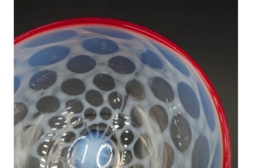 アンティーク　大正～昭和初期の当時物　碗型　乳白水玉に赤縁が可愛らしい氷コップ2客セット　(R-085525)