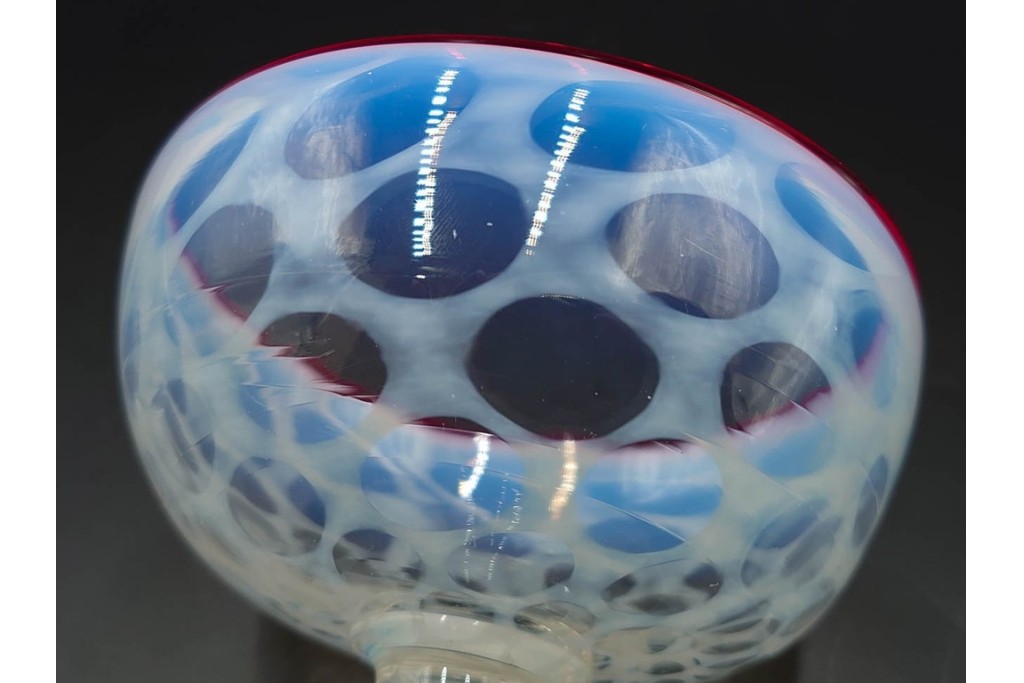 アンティーク　大正～昭和初期の当時物　碗型　乳白水玉に赤縁が可愛らしい氷コップ2客セット　(R-085525)