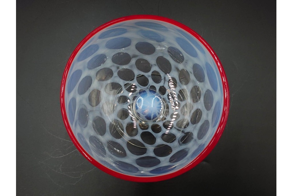 アンティーク　大正～昭和初期の当時物　碗型　乳白水玉に赤縁が可愛らしい氷コップ2客セット　(R-085525)