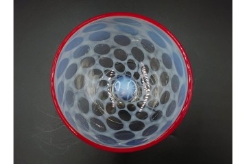 アンティーク　大正～昭和初期の当時物　碗型　乳白水玉に赤縁が可愛らしい氷コップ2客セット　(R-085525)