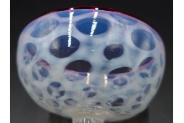 アンティーク　大正～昭和初期の当時物　碗型　乳白水玉に赤縁が可愛らしい氷コップ2客セット　(R-085525)