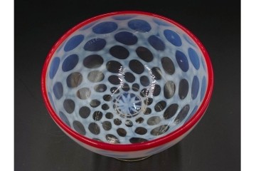 アンティーク　大正～昭和初期の当時物　碗型　乳白水玉に赤縁が映える氷コップ3客セット　(R-085528)