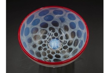 アンティーク　大正～昭和初期の当時物　碗型　乳白水玉に赤縁が映える氷コップ3客セット　(R-085528)