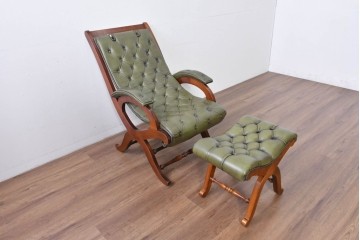 中古　スペイン製　バロッサバレンティ(VARO,S.A. VALENTI)　本革　ボタン留めが上品なアームチェアとオットマン　セット定価約47万円相当　(R-085533)