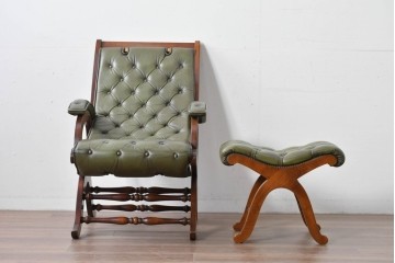 中古　スペイン製　バロッサバレンティ(VARO,S.A. VALENTI)　本革　ボタン留めが上品なアームチェアとオットマン　セット定価約47万円相当　(R-085533)