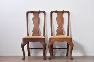 ヴィンテージ　チーク無垢材　花瓶型の優雅な曲線を描くクイーンアンチェア2脚セット　(R-085534)