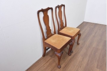 ヴィンテージ　チーク無垢材　花瓶型の優雅な曲線を描くクイーンアンチェア2脚セット　(R-085534)