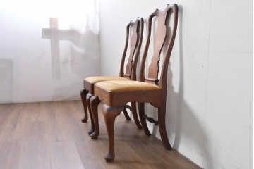 ヴィンテージ　チーク無垢材　花瓶型の優雅な曲線を描くクイーンアンチェア2脚セット　(R-085534)