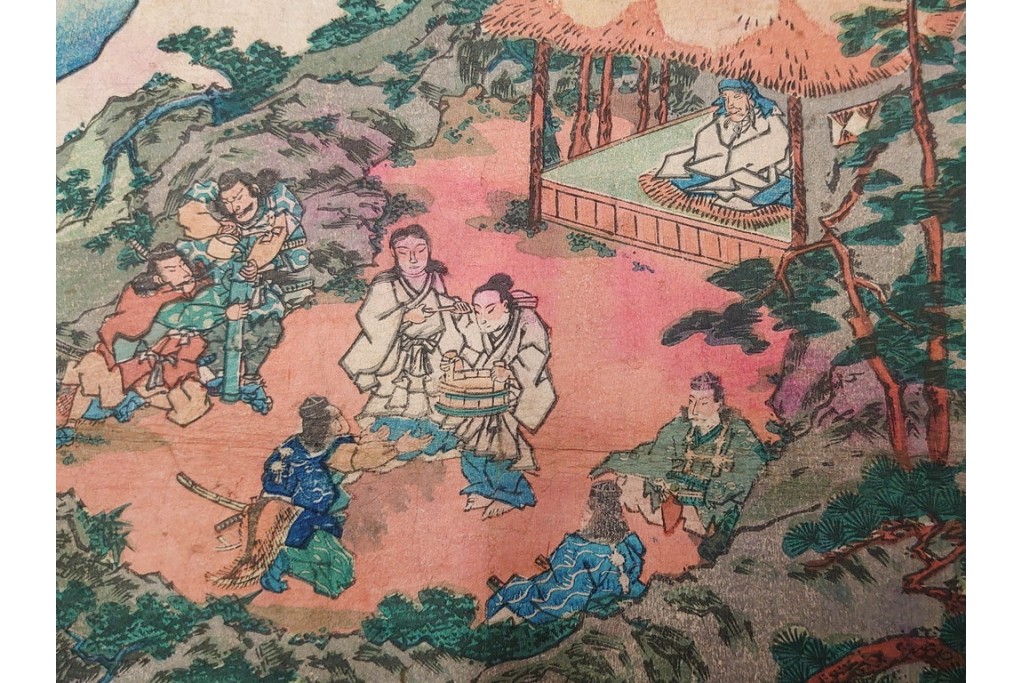 真作　香蝶楼国貞(歌川国貞)　「大江山鬼人退治ノ図 座敷幟三本続」　妖怪退治の場面を描いた木版画の浮世絵　3枚続　(R-085554)