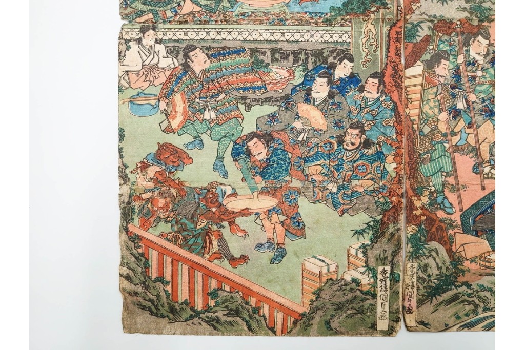 真作　香蝶楼国貞(歌川国貞)　「大江山鬼人退治ノ図 座敷幟三本続」　妖怪退治の場面を描いた木版画の浮世絵　3枚続　(R-085554)