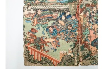 真作　香蝶楼国貞(歌川国貞)　「大江山鬼人退治ノ図 座敷幟三本続」　妖怪退治の場面を描いた木版画の浮世絵　3枚続　(R-085554)