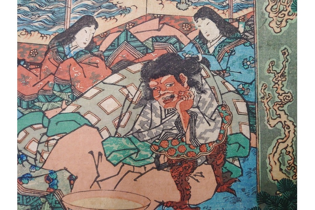 真作　香蝶楼国貞(歌川国貞)　「大江山鬼人退治ノ図 座敷幟三本続」　妖怪退治の場面を描いた木版画の浮世絵　3枚続　(R-085554)