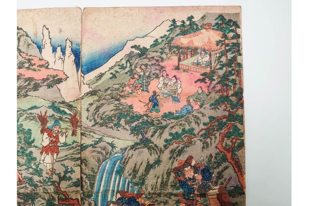 真作　香蝶楼国貞(歌川国貞)　「大江山鬼人退治ノ図 座敷幟三本続」　妖怪退治の場面を描いた木版画の浮世絵　3枚続　(R-085554)