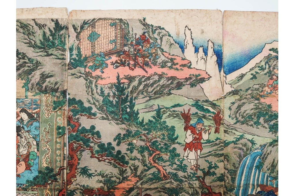 真作　香蝶楼国貞(歌川国貞)　「大江山鬼人退治ノ図 座敷幟三本続」　妖怪退治の場面を描いた木版画の浮世絵　3枚続　(R-085554)