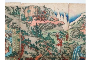 真作　香蝶楼国貞(歌川国貞)　「大江山鬼人退治ノ図 座敷幟三本続」　妖怪退治の場面を描いた木版画の浮世絵　3枚続　(R-085554)