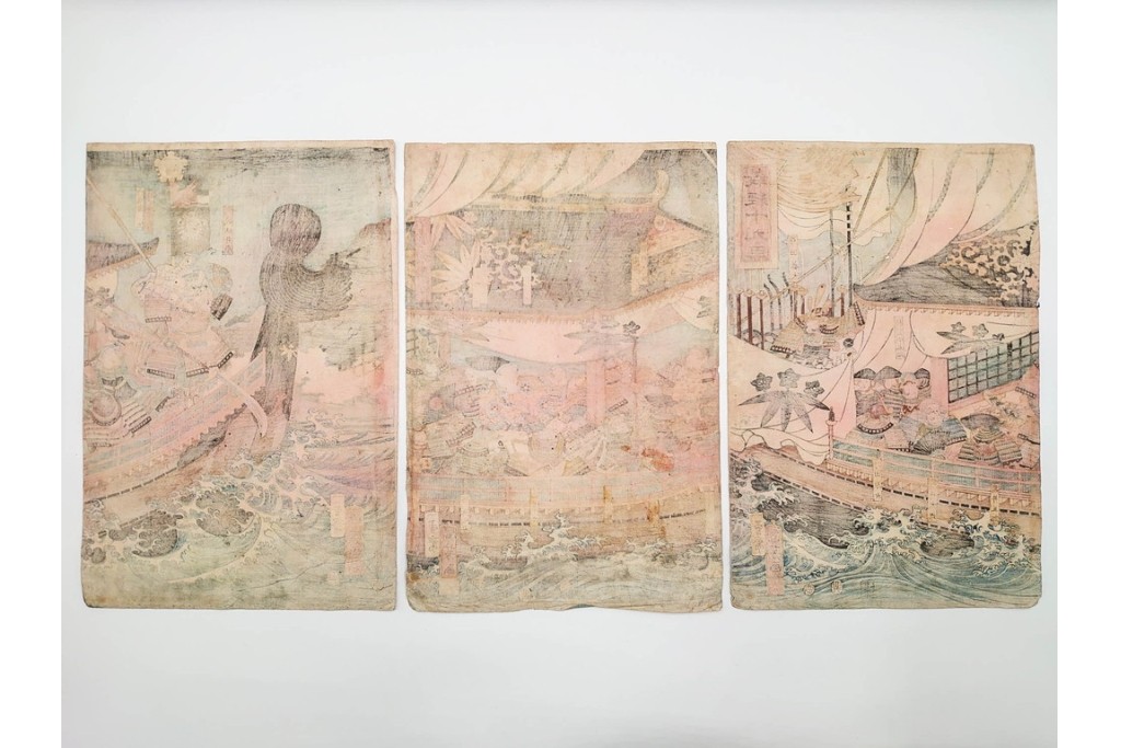 真作　一勇斎国芳(歌川国芳)　「義経十九臣」　武将たちを描いた木版画の浮世絵　3枚続　(R-085555)