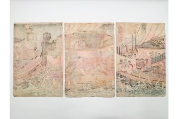 真作　一勇斎国芳(歌川国芳)　「義経十九臣」　武将たちを描いた木版画の浮世絵　3枚続　(R-085555)