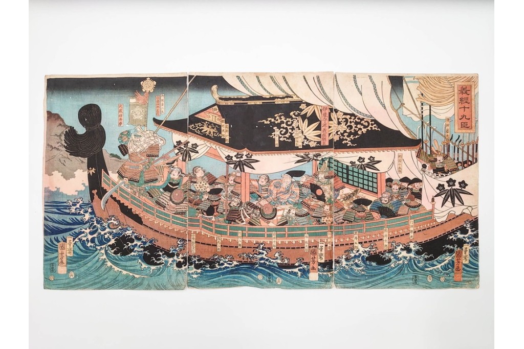 真作　一勇斎国芳(歌川国芳)　「義経十九臣」　武将たちを描いた木版画の浮世絵　3枚続　(R-085555)