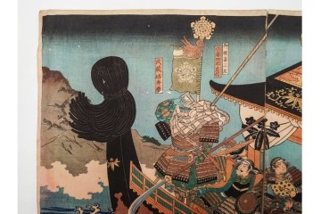 真作　一勇斎国芳(歌川国芳)　「義経十九臣」　武将たちを描いた木版画の浮世絵　3枚続　(R-085555)