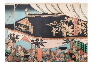 真作　一勇斎国芳(歌川国芳)　「義経十九臣」　武将たちを描いた木版画の浮世絵　3枚続　(R-085555)