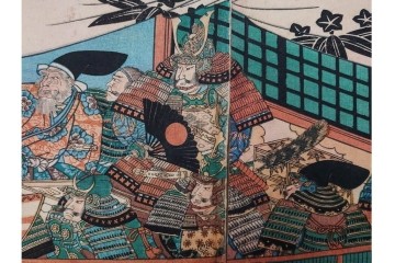 真作　一勇斎国芳(歌川国芳)　「義経十九臣」　武将たちを描いた木版画の浮世絵　3枚続　(R-085555)