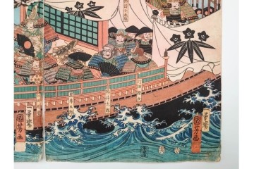 真作　一勇斎国芳(歌川国芳)　「義経十九臣」　武将たちを描いた木版画の浮世絵　3枚続　(R-085555)