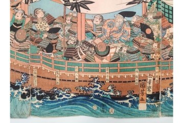 真作　一勇斎国芳(歌川国芳)　「義経十九臣」　武将たちを描いた木版画の浮世絵　3枚続　(R-085555)