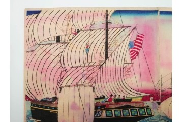 真作　三代 歌川広重　「横浜波止場ヨリ海岸通異人館之真図」　港の風景を描いた木版画の浮世絵　3枚続　(R-085557)